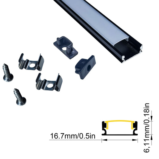 1707B 17mm LED Aluminum Profile for 8mm-12mm COB/SMD Strips - Surface-Mount Channel, No Routing, Black/Silver