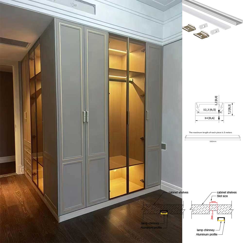 14x7mm LED Aluminum Recess Kit Premium 6063-T5 Aluminum Alloy, Silver Anodized Finish, Surface/Recessed Mounting, Suitable for 5/8mm COB SMD Strips, Ideal for Bathroom Dressers, Craft Workbenches, Small Recessed Lighting, 1/2 Meter Length Kit.
