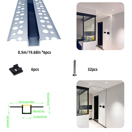 52x13mm Plaster-in LED Profile - Seamless Recessed Drywall Channel for Flush Linear Lighting