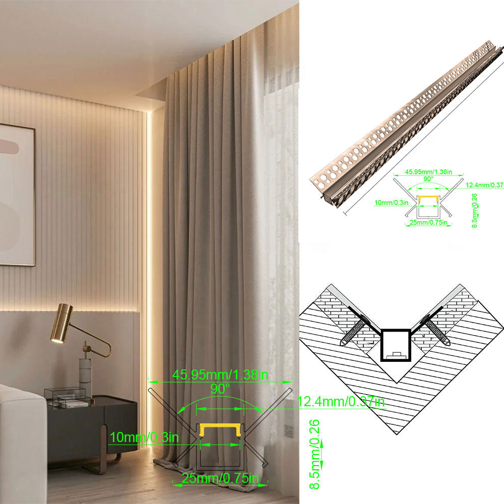 4624 Plaster-In LED Internal Corner Profile - 90° Recessed Cove Channel (1m 2m)
