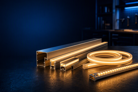 MXNOVA LED linear lighting components — anodized aluminum profiles, COB LED strips, and flexible silicone neon tubes, engineered for professional lighting projects across North America.