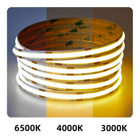 COB LED Strip Light 8mm - Dot-Free CRI90+ 3000K/4000K/6500K 12V/24V Flexible Cuttable for Under-Cabinet & Retail Displays