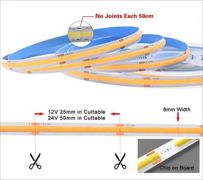 COB LED Strip Light 400 LEDs/m - 12V/24V 3-5mm Ultra-Narrow Width with Adhesive (5m/10m)