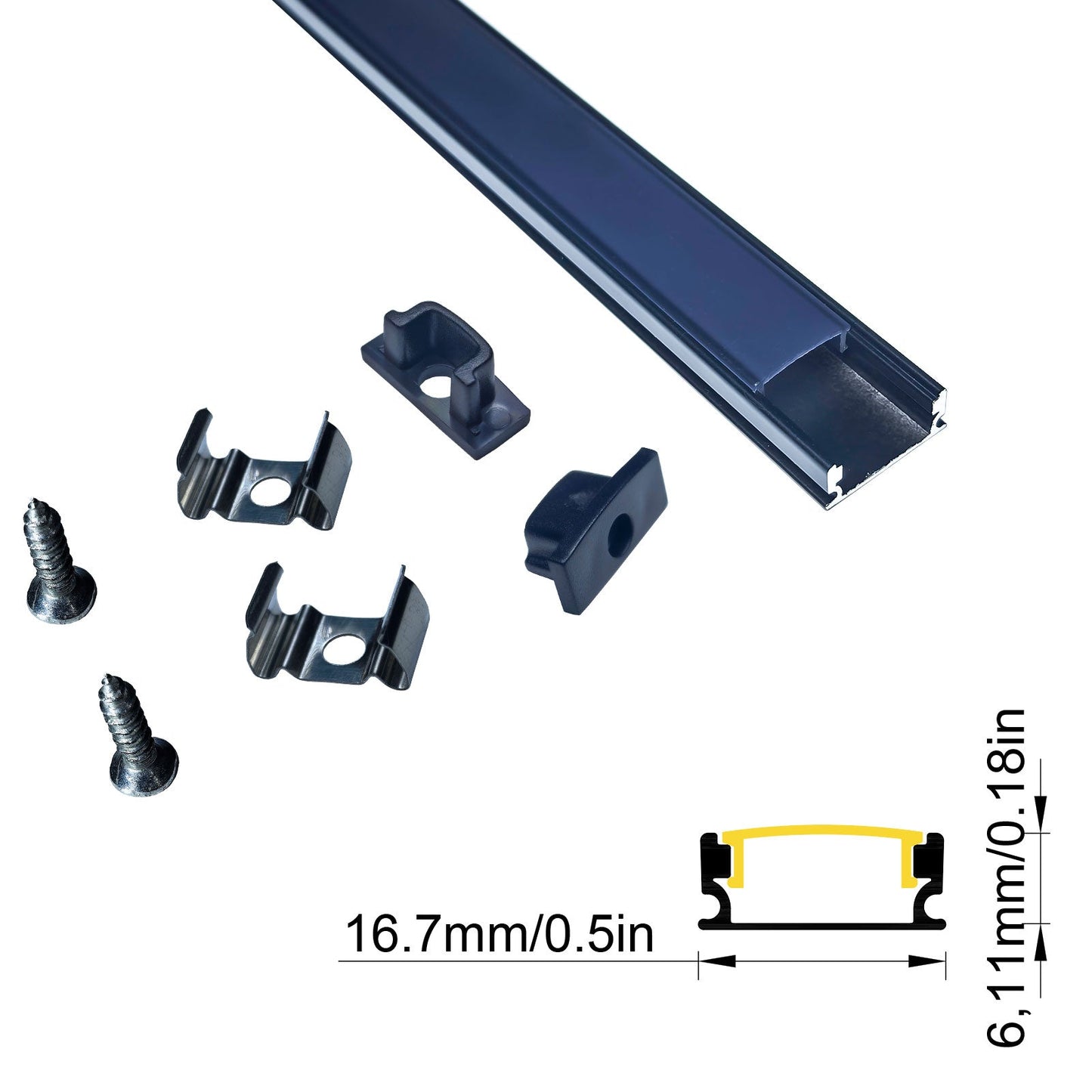 1707B 17mm LED Aluminum Profile for 8mm-12mm COB/SMD Strips - Surface-Mount Channel, No Routing, Black/Silver