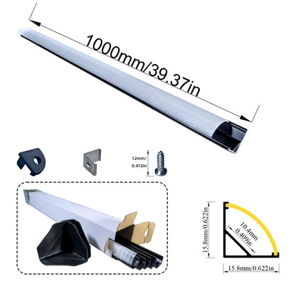 1616H V-Shape LED Aluminum Corner Profile - 90° Edge Channel for 8mm 10mm COB RGB LED Strips, PC/Silicone Diffuser