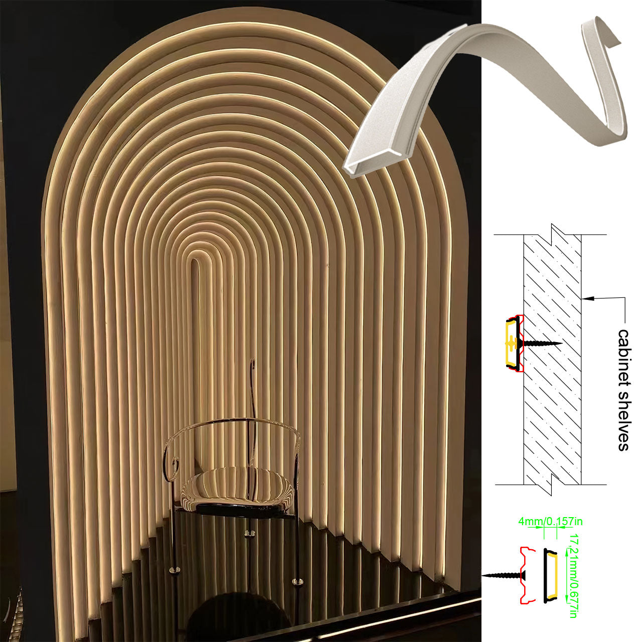 17x4mm Flexible LED Aluminum Profile Vertical Curve | Ultra-thin 4mm High-Flexibility Groove, suitable for arched cabinets, curved shelves, and circular niches, 10mm inner width, COB compatible, white PC diffuser, anodized silver, 1m/2m