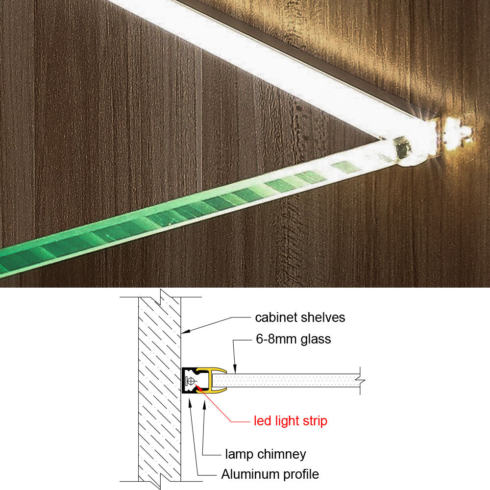10*20 Clip-on Side-Illuminated Glass Shelf Light – Aluminum alloy LED profile, tool-free clip-on installation, suitable for 6mm to 8mm thick glass shelves and glass cabinet lighting – Compatible with 5mm-8mm COB and SMD light strips