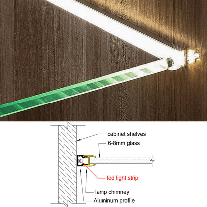 10*20 Clip-on Side-Illuminated Glass Shelf Light – Aluminum alloy LED profile, tool-free clip-on installation, suitable for 6mm to 8mm thick glass shelves and glass cabinet lighting – Compatible with 5mm-8mm COB and SMD light strips