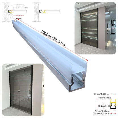 10*20 Clip-on Side-Illuminated Glass Shelf Light – Aluminum alloy LED profile, tool-free clip-on installation, suitable for 6mm to 8mm thick glass shelves and glass cabinet lighting – Compatible with 5mm-8mm COB and SMD light strips