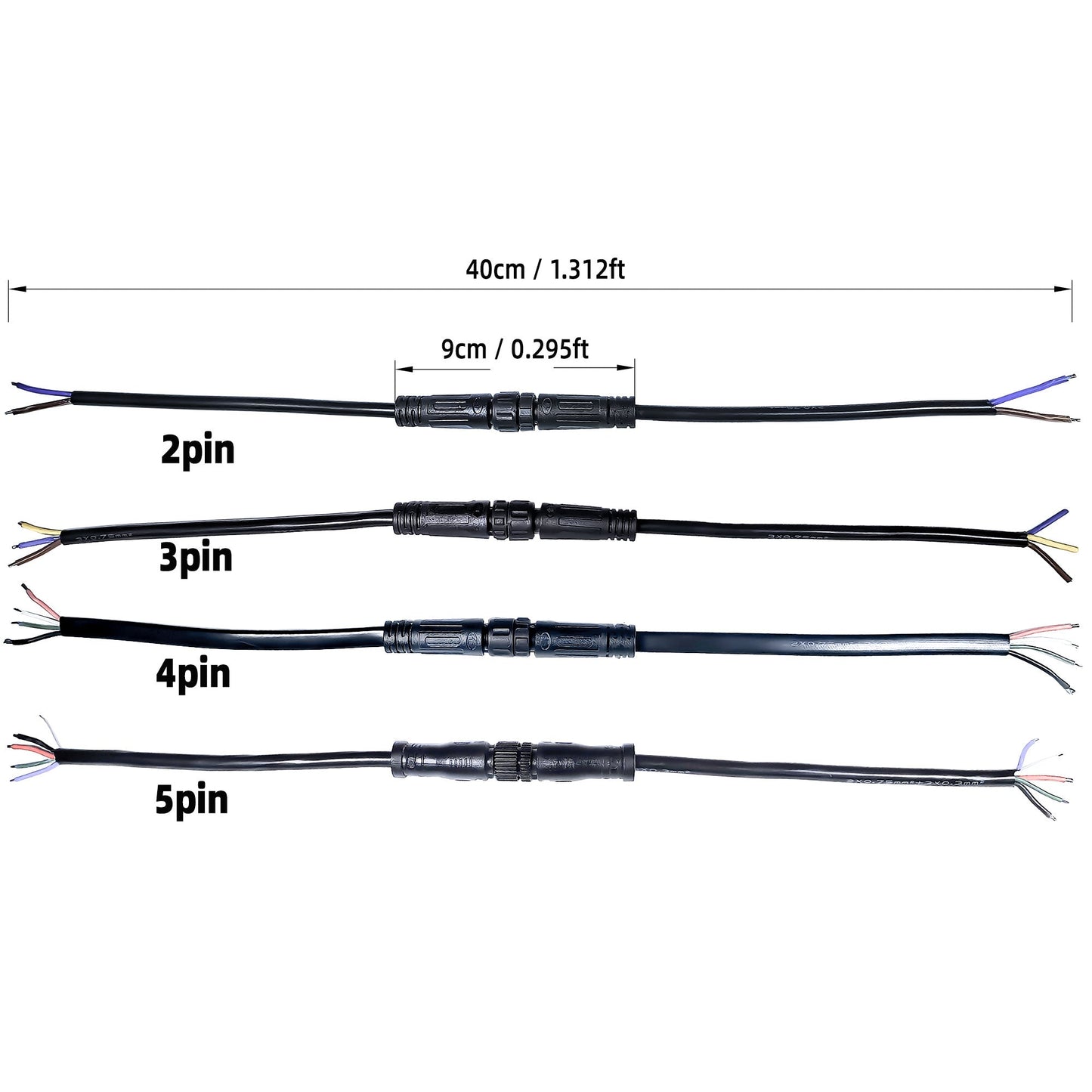 IP68 Waterproof LED Strip Connector - Solder-Free 2/3/4/5-Pin Male Female Plug, 40cm 22AWG Cable, Locking Nut