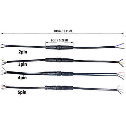 IP68 Waterproof LED Strip Connector - Solder-Free 2/3/4/5-Pin Male Female Plug, 40cm 22AWG Cable, Locking Nut