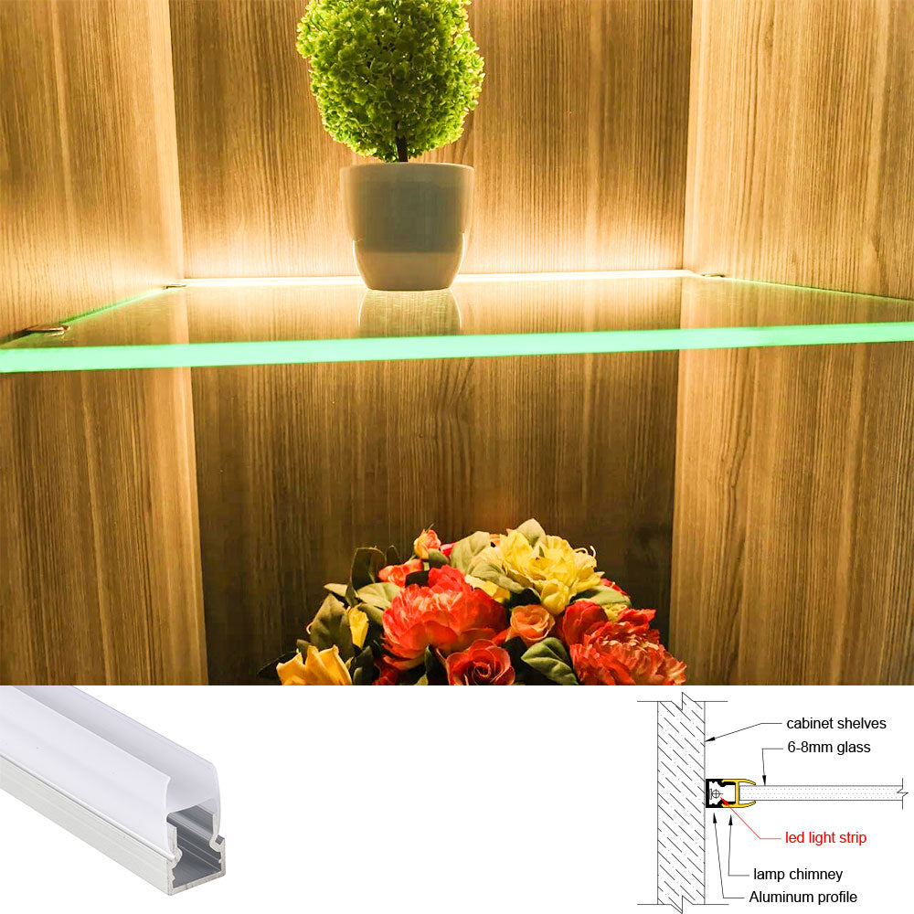 10*20 Clip-on Side-Illuminated Glass Shelf Light – Aluminum alloy LED profile, tool-free clip-on installation, suitable for 6mm to 8mm thick glass shelves and glass cabinet lighting – Compatible with 5mm-8mm COB and SMD light strips