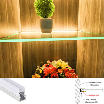 10*20 Clip-on Side-Illuminated Glass Shelf Light – Aluminum alloy LED profile, tool-free clip-on installation, suitable for 6mm to 8mm thick glass shelves and glass cabinet lighting – Compatible with 5mm-8mm COB and SMD light strips