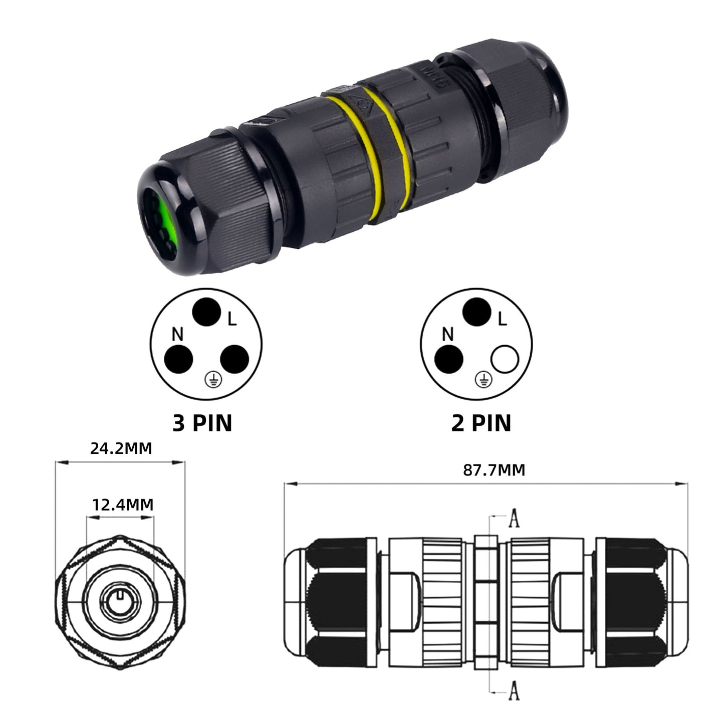 IP68 Waterproof Inline LED Connector - Heavy Duty Outdoor Cable Joiner 2-Pin to 6-Pin