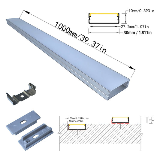 30x10mm LED Aluminum Profile Channel - Wide Surface Mount for Ceiling and Under-Cabinet Linear Lights