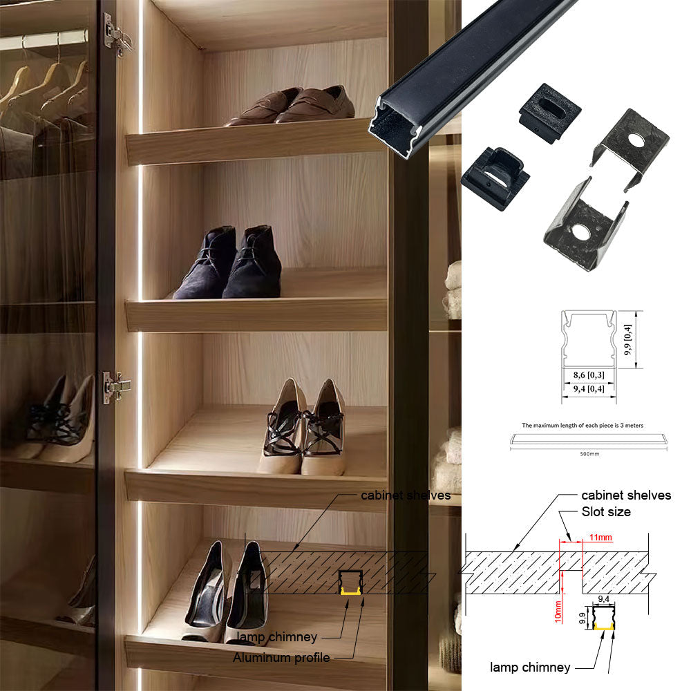 10*10 ultra-thin LED aluminum profile, suitable for 3mm/5mm COB SMD light strips, near-invisible surface mounting profile, suitable for cabinets, jewelry display cases, and edge lighting of lower shelves in compact cabinets, anodized silver/matte black.