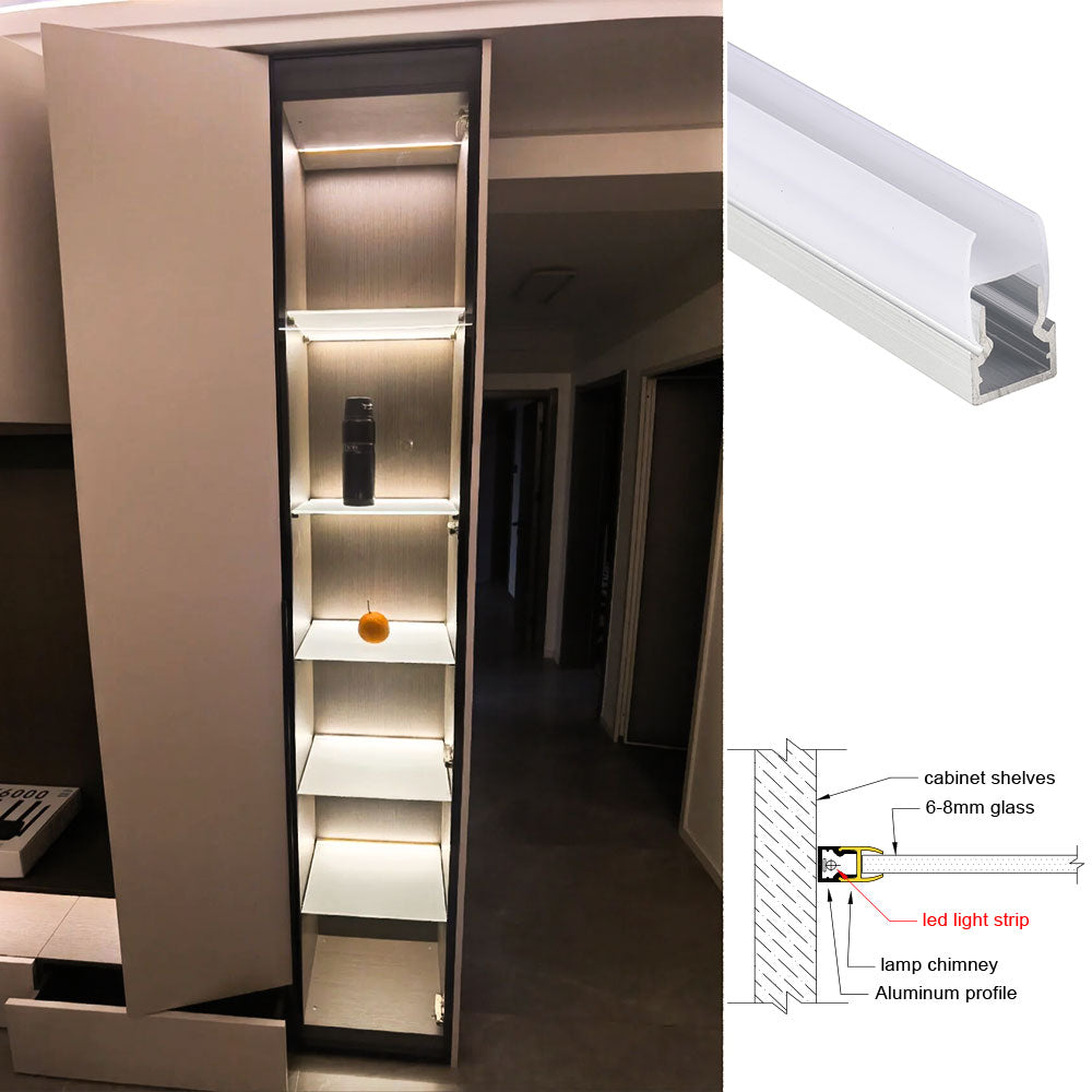 10*20 Clip-on Side-Illuminated Glass Shelf Light – Aluminum alloy LED profile, tool-free clip-on installation, suitable for 6mm to 8mm thick glass shelves and glass cabinet lighting – Compatible with 5mm-8mm COB and SMD light strips