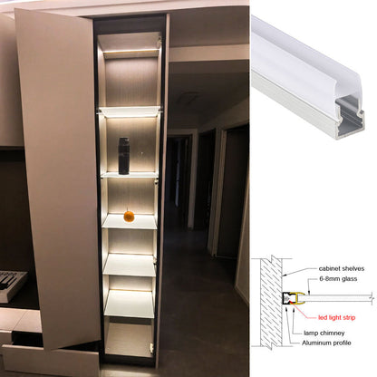 10*20 Clip-on Side-Illuminated Glass Shelf Light – Aluminum alloy LED profile, tool-free clip-on installation, suitable for 6mm to 8mm thick glass shelves and glass cabinet lighting – Compatible with 5mm-8mm COB and SMD light strips