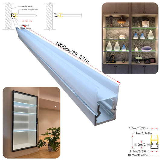 10*20 Clip-on Side-Illuminated Glass Shelf Light – Aluminum alloy LED profile, tool-free clip-on installation, suitable for 6mm to 8mm thick glass shelves and glass cabinet lighting – Compatible with 5mm-8mm COB and SMD light strips