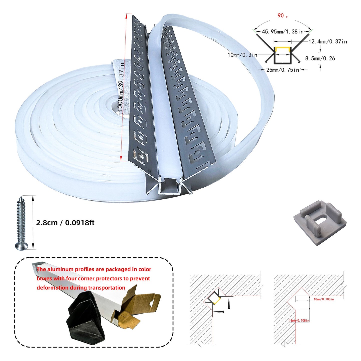 4624 Plaster-In LED Internal Corner Profile - 90° Recessed Cove Channel (1m 2m)