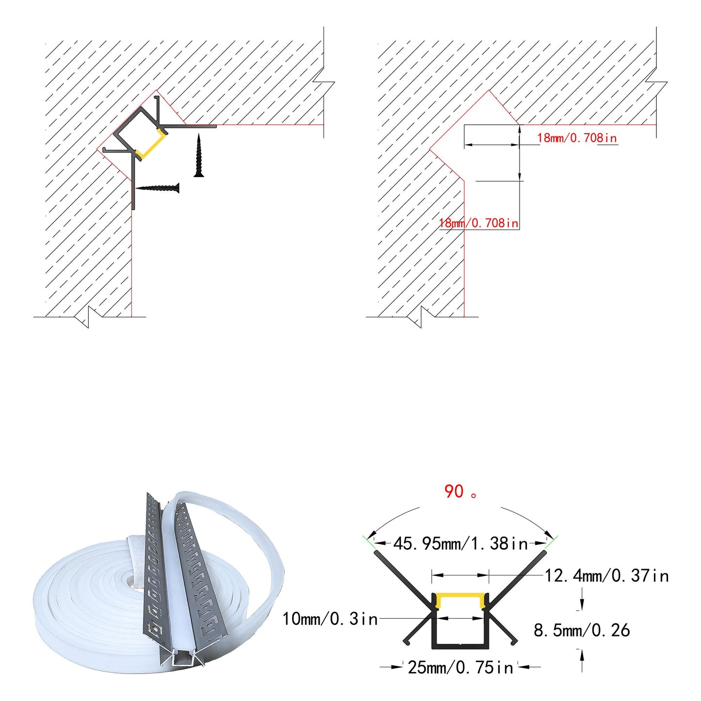 4624 Plaster-In LED Internal Corner Profile - 90° Recessed Cove Channel (1m 2m)