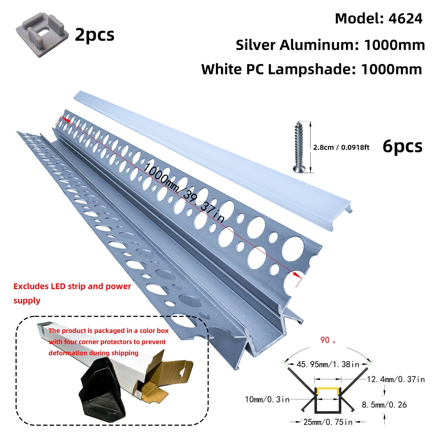 4624 Plaster-In LED Internal Corner Profile - 90° Recessed Cove Channel (1m 2m)