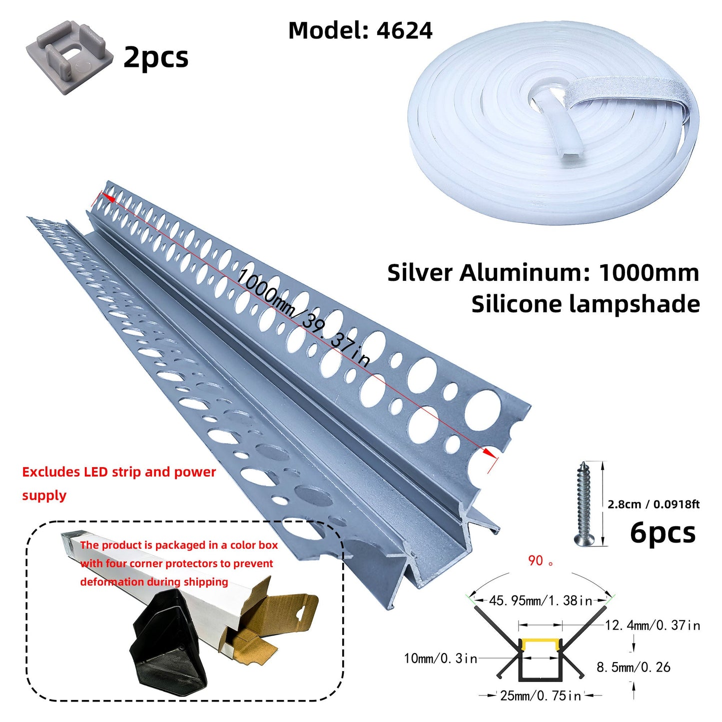 4624 Plaster-In LED Internal Corner Profile - 90° Recessed Cove Channel (1m 2m)