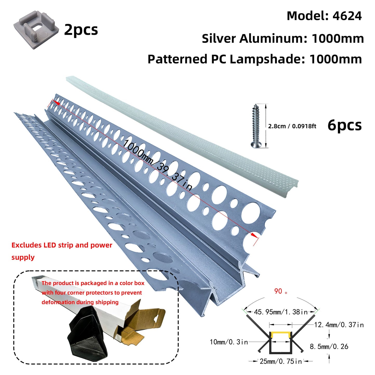 4624 Plaster-In LED Internal Corner Profile - 90° Recessed Cove Channel (1m 2m)