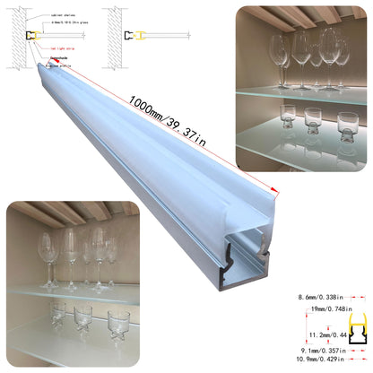 10*20 Clip-on Side-Illuminated Glass Shelf Light – Aluminum alloy LED profile, tool-free clip-on installation, suitable for 6mm to 8mm thick glass shelves and glass cabinet lighting – Compatible with 5mm-8mm COB and SMD light strips