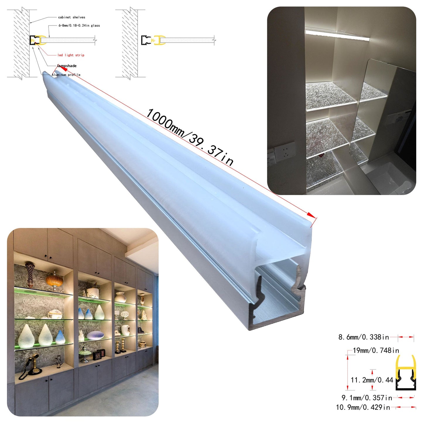 10*20 Clip-on Side-Illuminated Glass Shelf Light – Aluminum alloy LED profile, tool-free clip-on installation, suitable for 6mm to 8mm thick glass shelves and glass cabinet lighting – Compatible with 5mm-8mm COB and SMD light strips