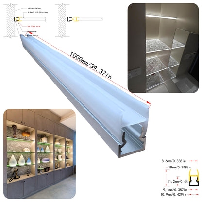 10*20 Clip-on Side-Illuminated Glass Shelf Light – Aluminum alloy LED profile, tool-free clip-on installation, suitable for 6mm to 8mm thick glass shelves and glass cabinet lighting – Compatible with 5mm-8mm COB and SMD light strips