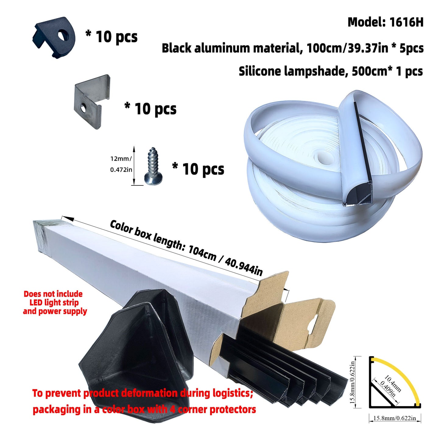 1616H V-Shape LED Aluminum Corner Profile - 90° Edge Channel for 8mm 10mm COB RGB LED Strips, PC/Silicone Diffuser