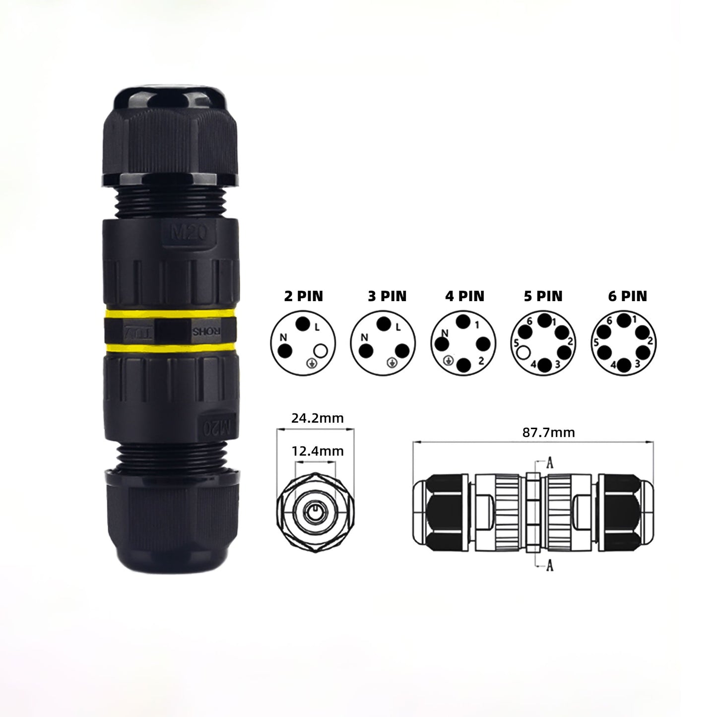 IP68 Waterproof Inline LED Connector - Heavy Duty Outdoor Cable Joiner 2-Pin to 6-Pin