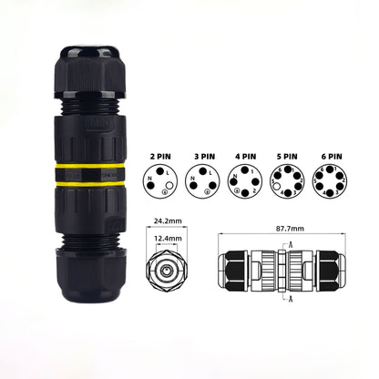 IP68 Waterproof Inline LED Connector - Heavy Duty Outdoor Cable Joiner 2-Pin to 6-Pin