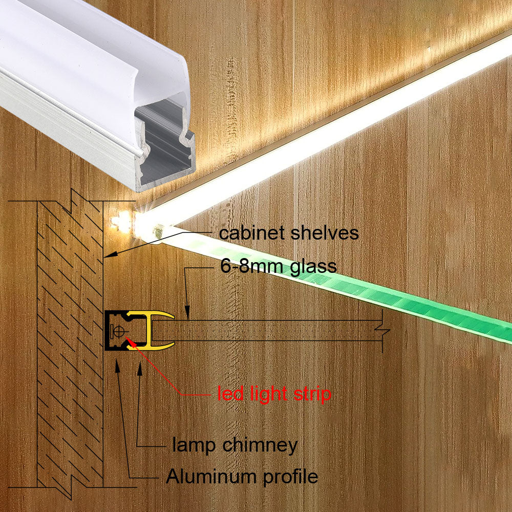 10*20 Clip-on Side-Illuminated Glass Shelf Light – Aluminum alloy LED profile, tool-free clip-on installation, suitable for 6mm to 8mm thick glass shelves and glass cabinet lighting – Compatible with 5mm-8mm COB and SMD light strips