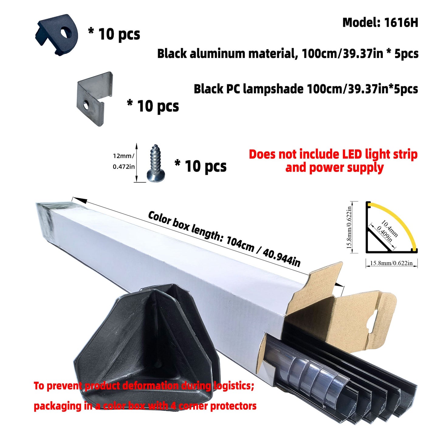 1616H V-Shape LED Aluminum Corner Profile - 90° Edge Channel for 8mm 10mm COB RGB LED Strips, PC/Silicone Diffuser