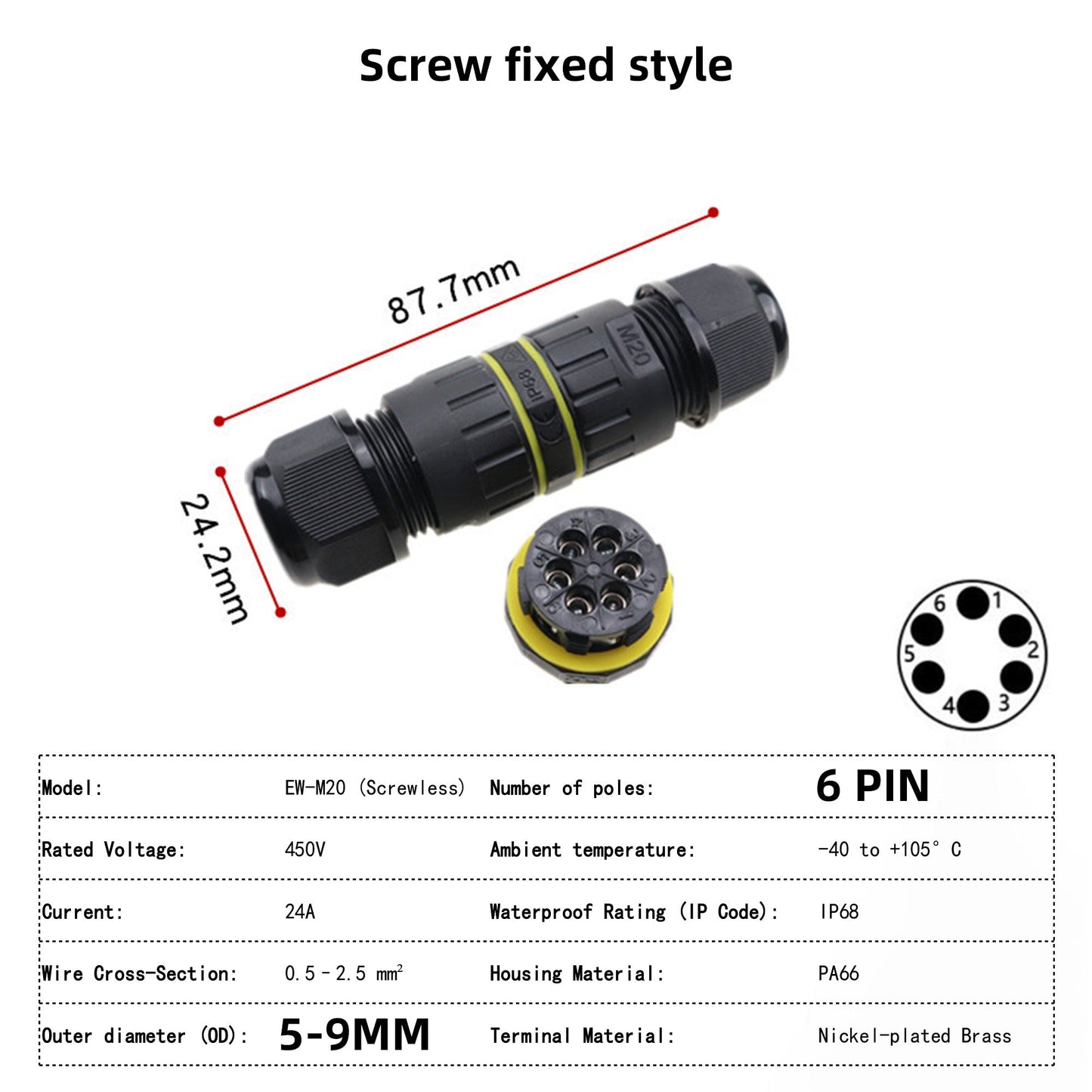 IP68 Waterproof Inline LED Connector - Heavy Duty Outdoor Cable Joiner 2-Pin to 6-Pin