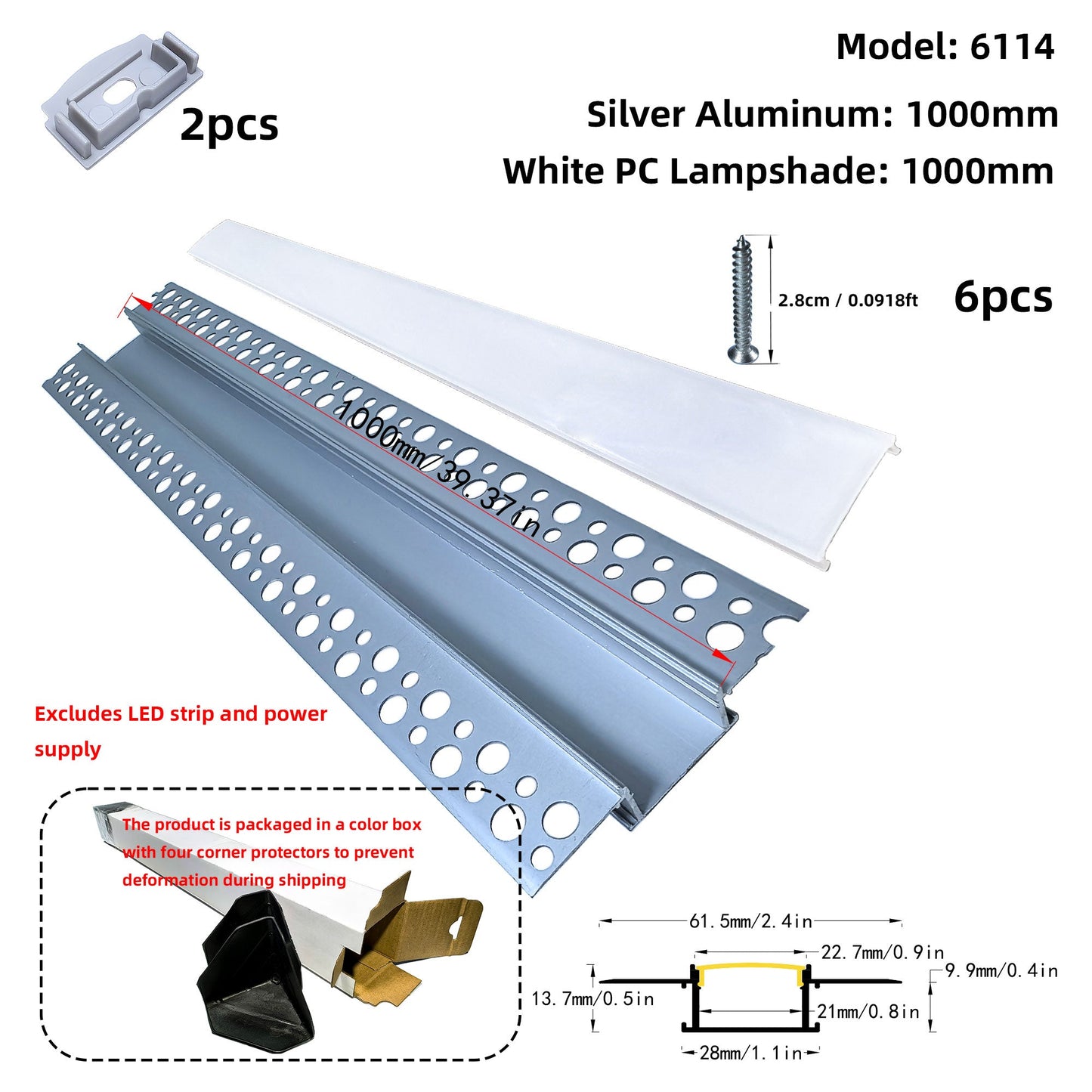 6114 Recessed Drywall LED Profile - Flush-Mount Linear Channel with PC/Silicone Diffuser (1m/2m)
