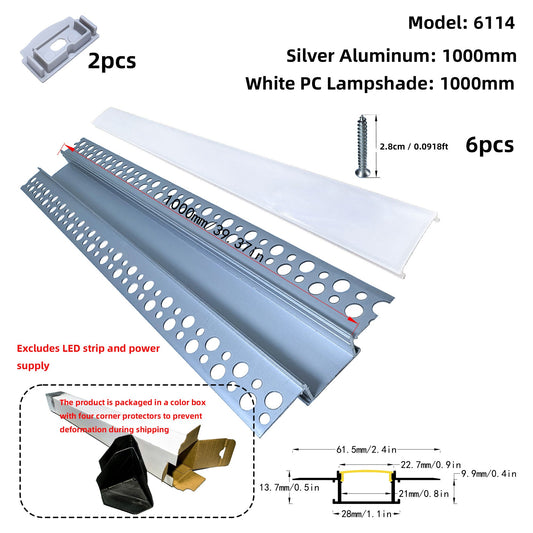 6114 Recessed Drywall LED Profile - Flush-Mount Linear Channel with PC/Silicone Diffuser (1m/2m)