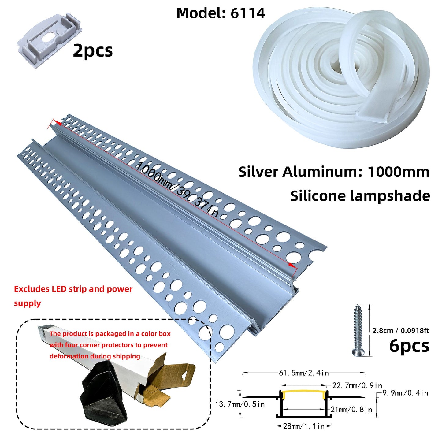 6114 Recessed Drywall LED Profile - Flush-Mount Linear Channel with PC/Silicone Diffuser (1m/2m)