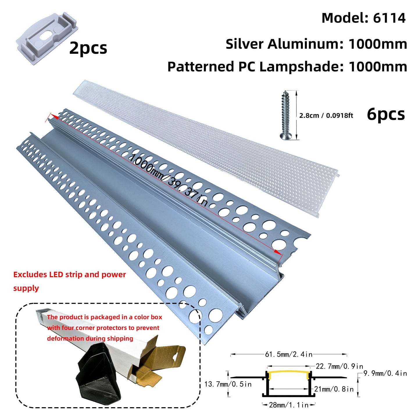 6114 Recessed Drywall LED Profile - Flush-Mount Linear Channel with PC/Silicone Diffuser (1m/2m)