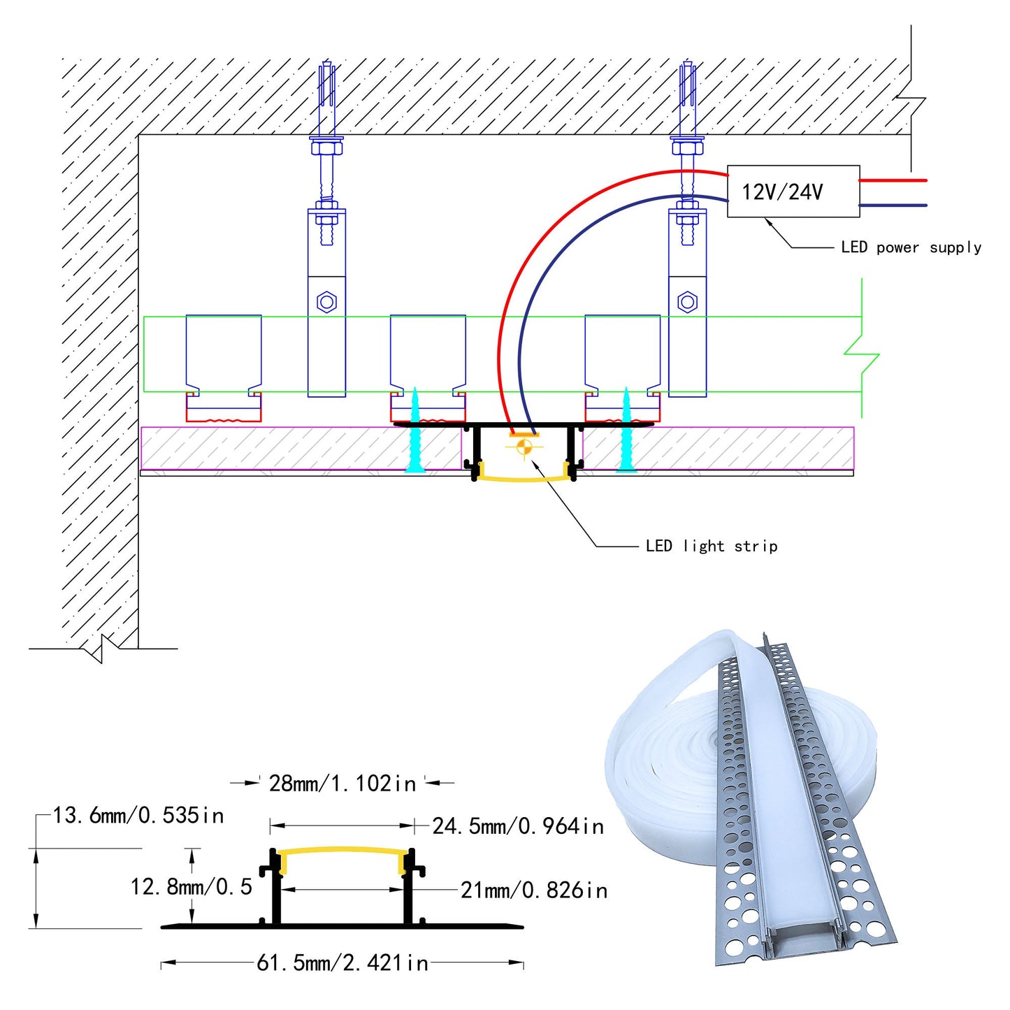 6114A Recessed Drywall LED Profile - Indirect Light Black/White Diffuser (1m/2m)