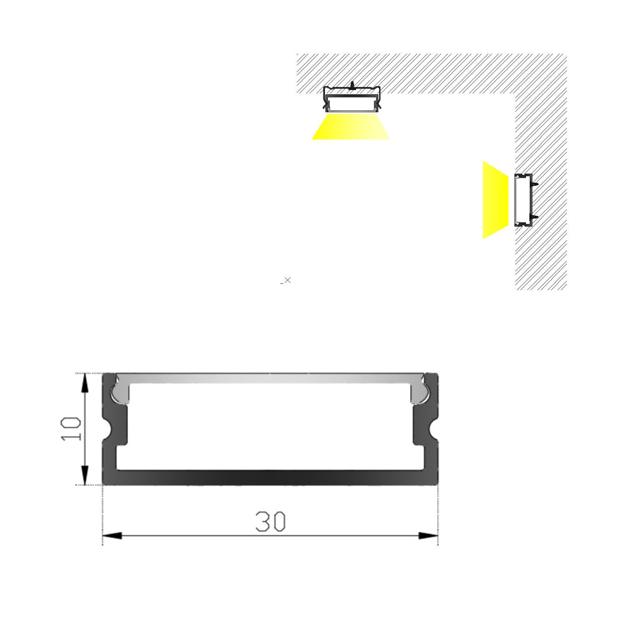 30x10mm LED Aluminum Profile Channel - Wide Surface Mount for Ceiling and Under-Cabinet Linear Lights