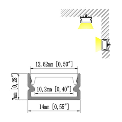 14x7mm LED Aluminum Recess Kit Premium 6063-T5 Aluminum Alloy, Silver Anodized Finish, Surface/Recessed Mounting, Suitable for 5/8mm COB SMD Strips, Ideal for Bathroom Dressers, Craft Workbenches, Small Recessed Lighting, 1/2 Meter Length Kit.