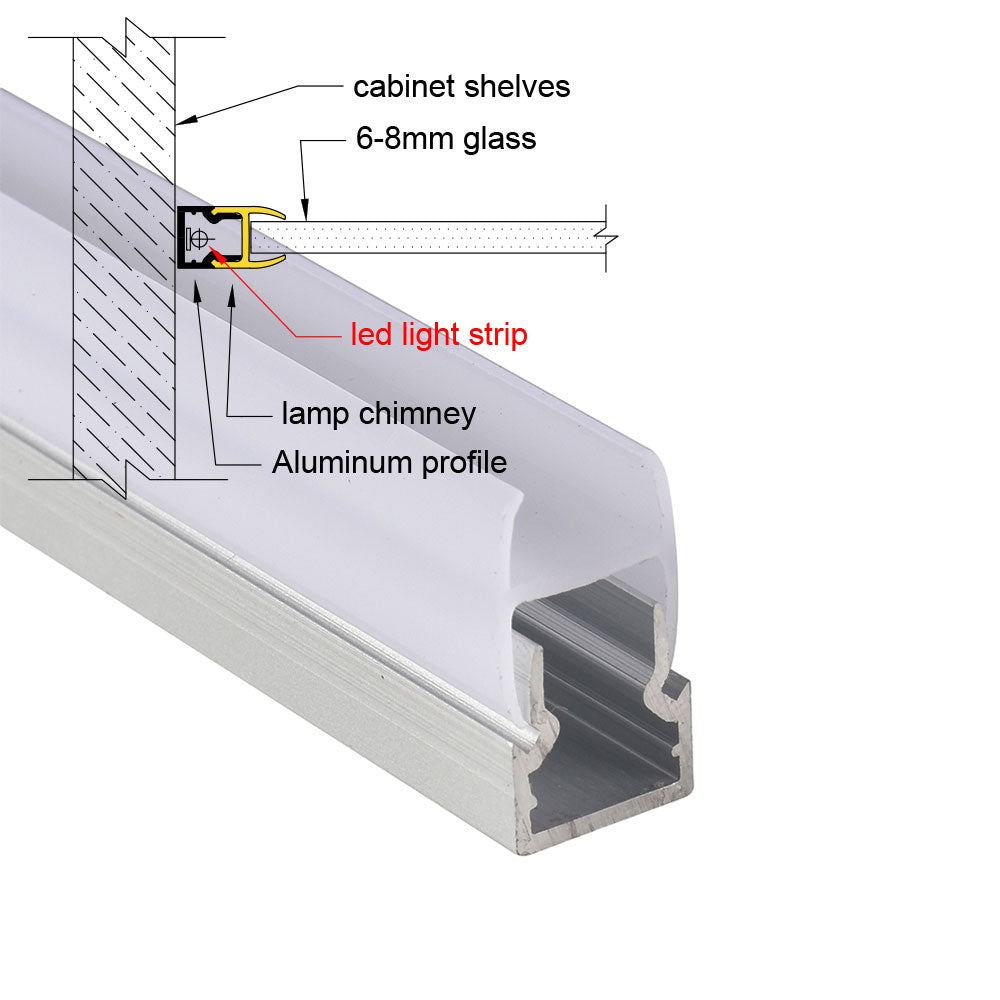 10*20 Clip-on Side-Illuminated Glass Shelf Light – Aluminum alloy LED profile, tool-free clip-on installation, suitable for 6mm to 8mm thick glass shelves and glass cabinet lighting – Compatible with 5mm-8mm COB and SMD light strips
