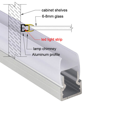 10*20 Clip-on Side-Illuminated Glass Shelf Light – Aluminum alloy LED profile, tool-free clip-on installation, suitable for 6mm to 8mm thick glass shelves and glass cabinet lighting – Compatible with 5mm-8mm COB and SMD light strips