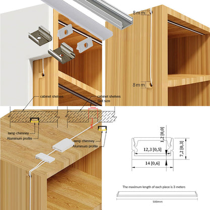 14x7mm LED Aluminum Recess Kit Premium 6063-T5 Aluminum Alloy, Silver Anodized Finish, Surface/Recessed Mounting, Suitable for 5/8mm COB SMD Strips, Ideal for Bathroom Dressers, Craft Workbenches, Small Recessed Lighting, 1/2 Meter Length Kit.