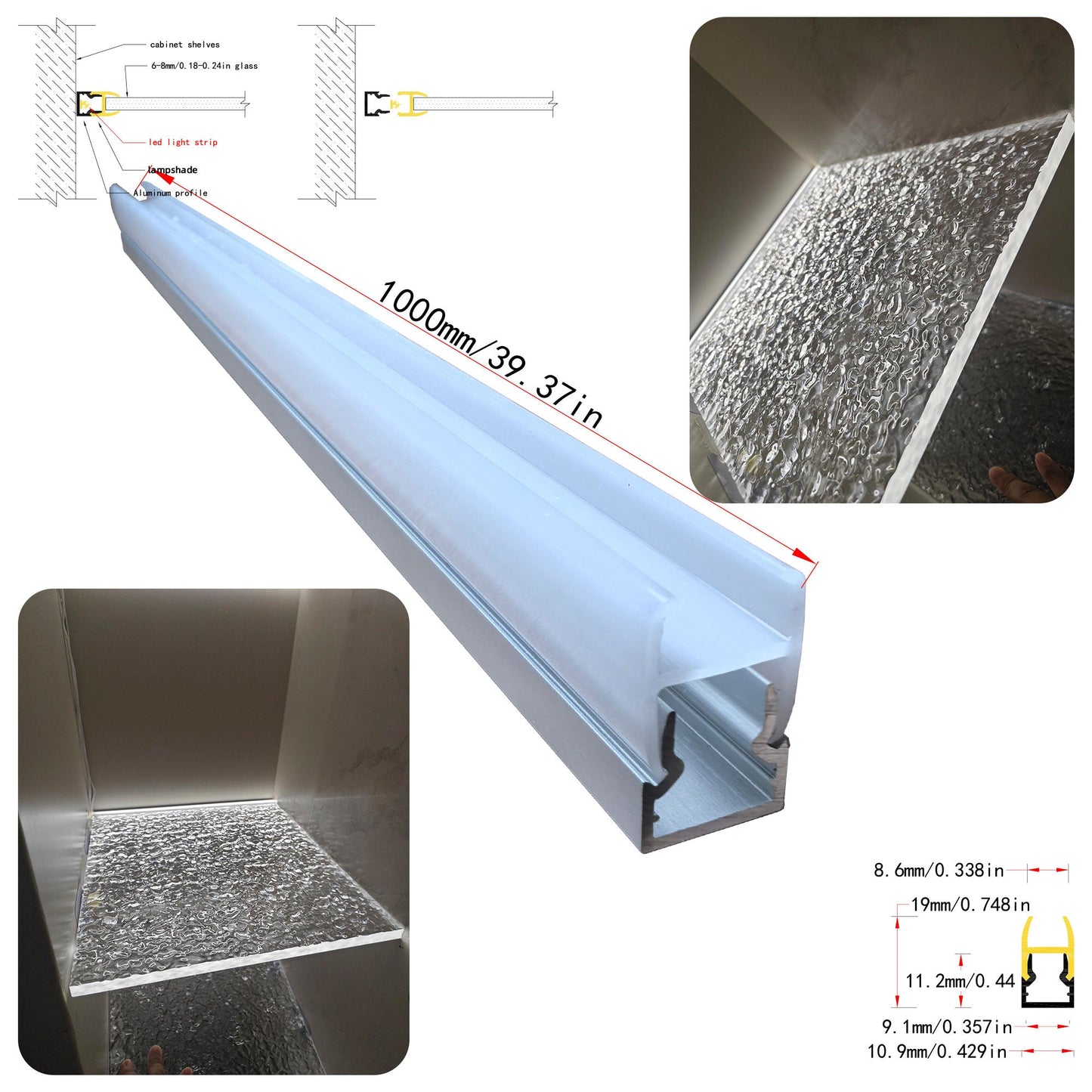 10*20 Clip-on Side-Illuminated Glass Shelf Light – Aluminum alloy LED profile, tool-free clip-on installation, suitable for 6mm to 8mm thick glass shelves and glass cabinet lighting – Compatible with 5mm-8mm COB and SMD light strips
