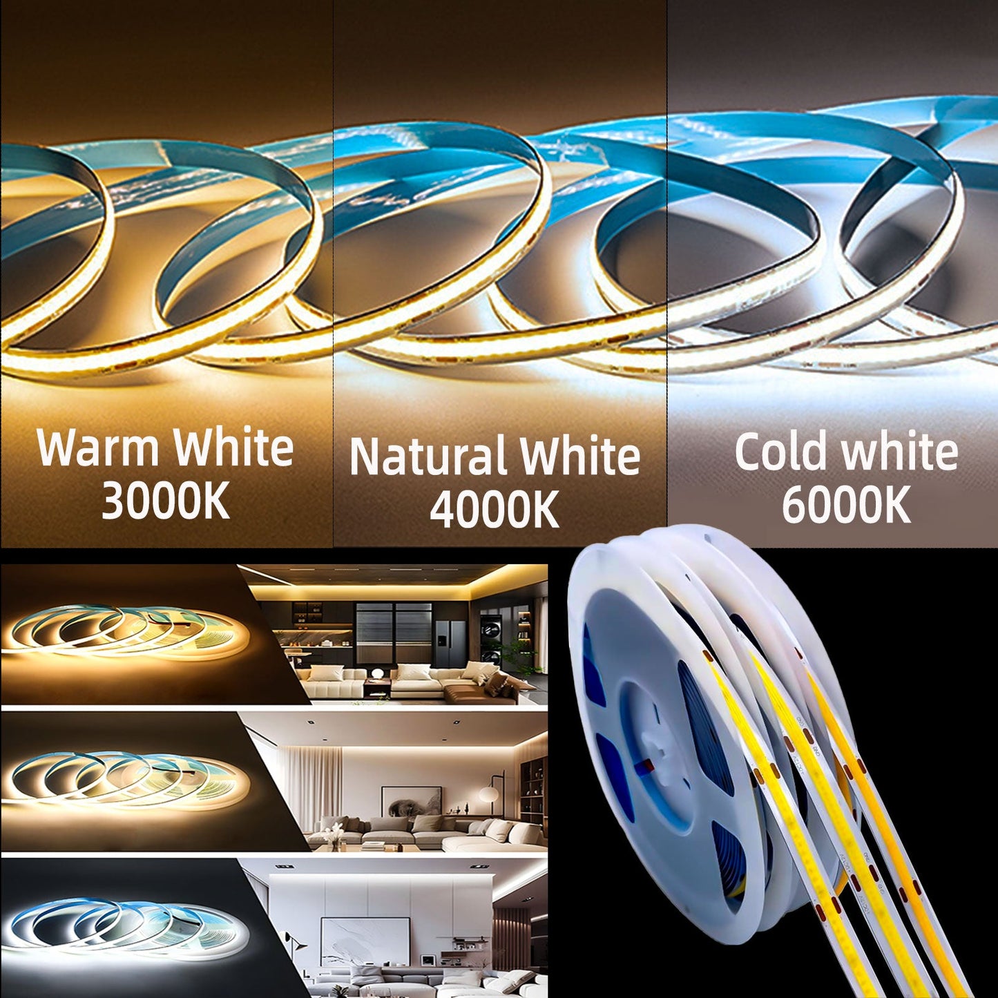 COB LED Strip Light 8mm - Dot-Free CRI90+ 3000K/4000K/6500K 12V/24V Flexible Cuttable for Under-Cabinet & Retail Displays