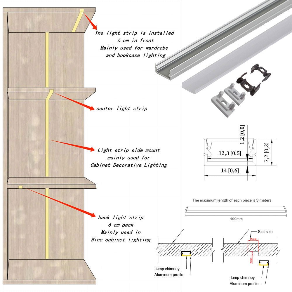 14x7mm LED Aluminum Recess Kit Premium 6063-T5 Aluminum Alloy, Silver Anodized Finish, Surface/Recessed Mounting, Suitable for 5/8mm COB SMD Strips, Ideal for Bathroom Dressers, Craft Workbenches, Small Recessed Lighting, 1/2 Meter Length Kit.